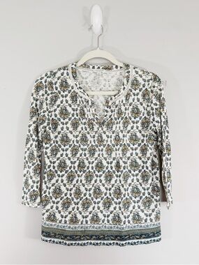 Lucky Brand Boho Medallion Print Peasant Blouse 3/4 Sleeve Top Women’s Small